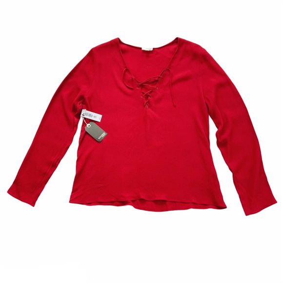 ❤️SOLD NWT Aritzia Wilfred Free Redling Red Tie Lace Neck Long Sleeve Blouse Top - Picture 7 of 13